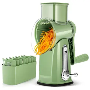 SUSTEAS Rotary Cheese Grater with Handle, 5 Designed Blades and Strong Suction Cup Base, Mandoline Slicing Kitchen Utensil Retro Green Food Cooking Vegetable Slicer Dicer