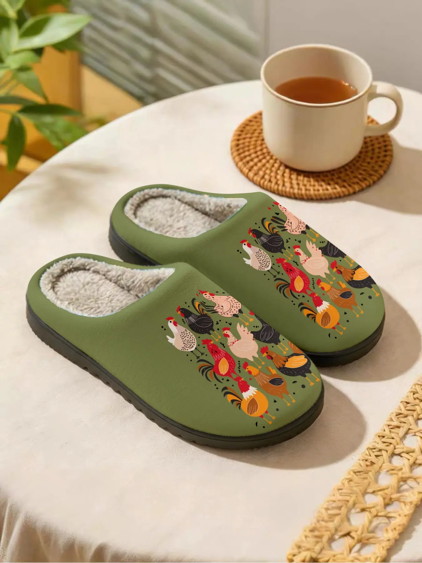 Colorful Chicken Flock | Cute & Playful 1 Pair Faux Fur Lined Non-Slip Cozy Warm Home Plush Slippers For Men & Women (Lounging/Relaxing/Bedroom/Living Room) Autumn Winter