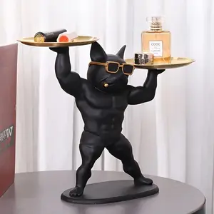 Bulldog Bodybuilder Figurine Statue with Storage Tray, 1 Count Resin Home Decor for Living Room, Bedroom, Office, Unique Gift Idea, Ornaments