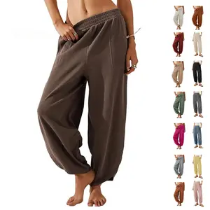 Ommig Womens Baggy Wide Leg Pants Casual Elastic Waisted Palazzo Harem Pants with Pockets