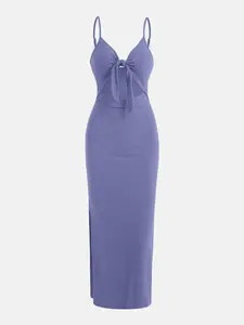 Women's Plain Cut Out Knot Front Split Thigh Bodycon Fit Dress, Solid Spaghetti Strap Cami Dress, Ladies Casual Summer Dress for Evening Party Nightclub
