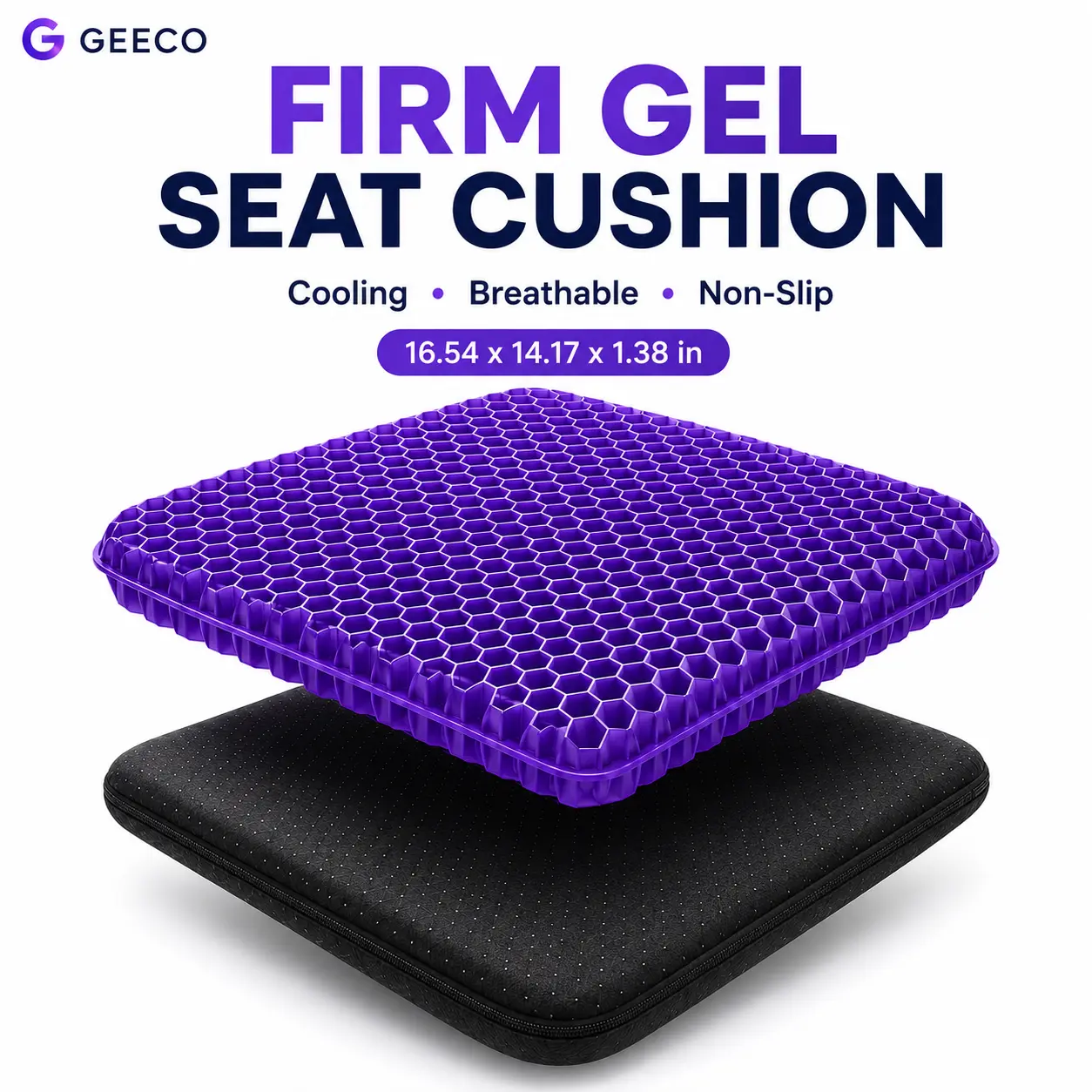 GEECO Firm Honeycomb Gel Chair Pad for Home/Office Chair & Car, Cooling Breathable Cushion with Non-Slip Bottom, Removable Machine-Washable Cover, 16.54x14.17x1.38in