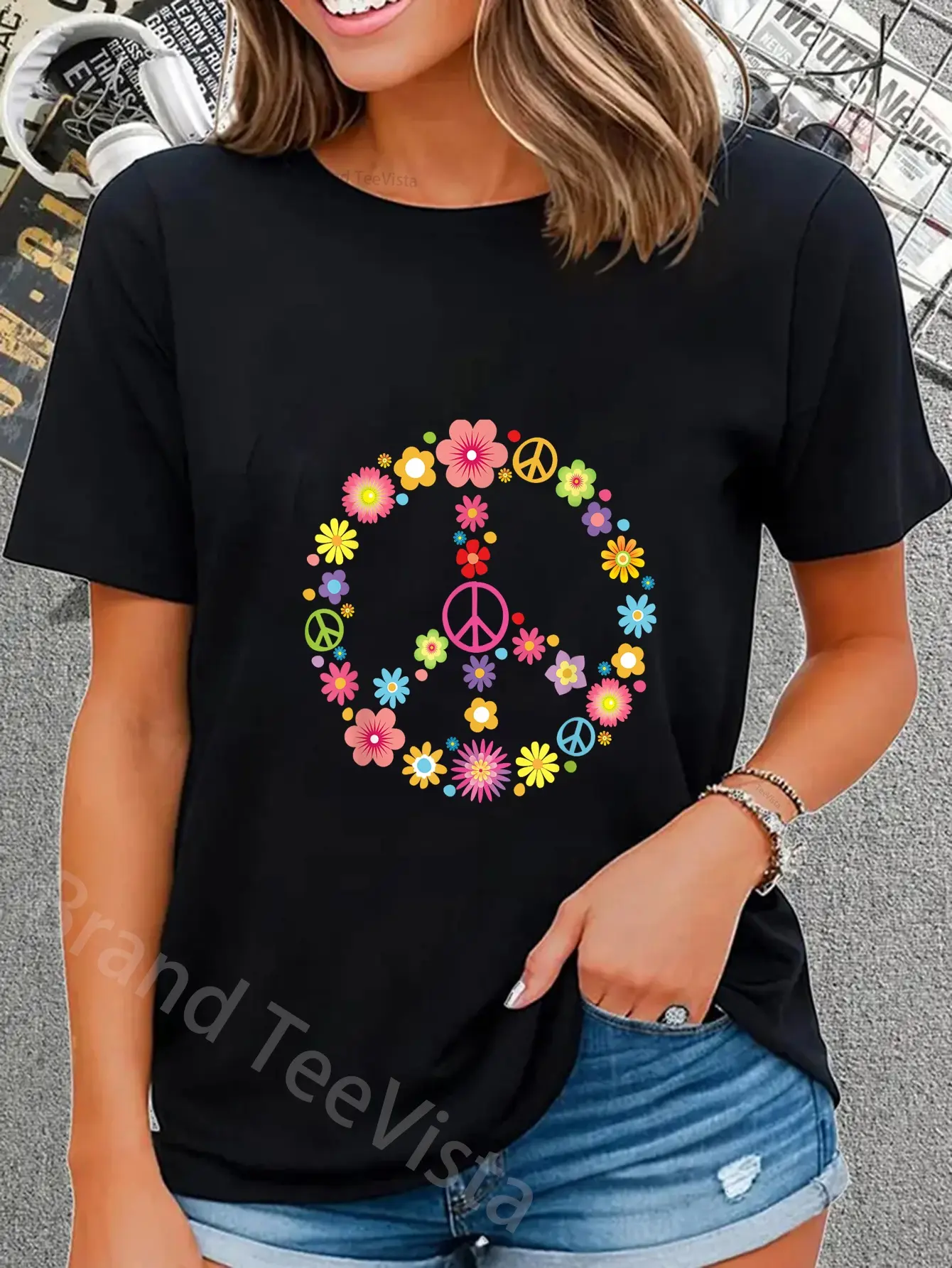 100% Cotton Unisex Hippie Peace Sign Flower Power Peace Sign World Peace T-Shirt Graphic Casual Round Neck Tee