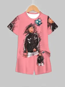 Cr7 Uefa Champions League Theme Sports Set, Full Print Short Sleeve Top & Shorts, Casual Fitted for Fans, Spring & Fall Wear