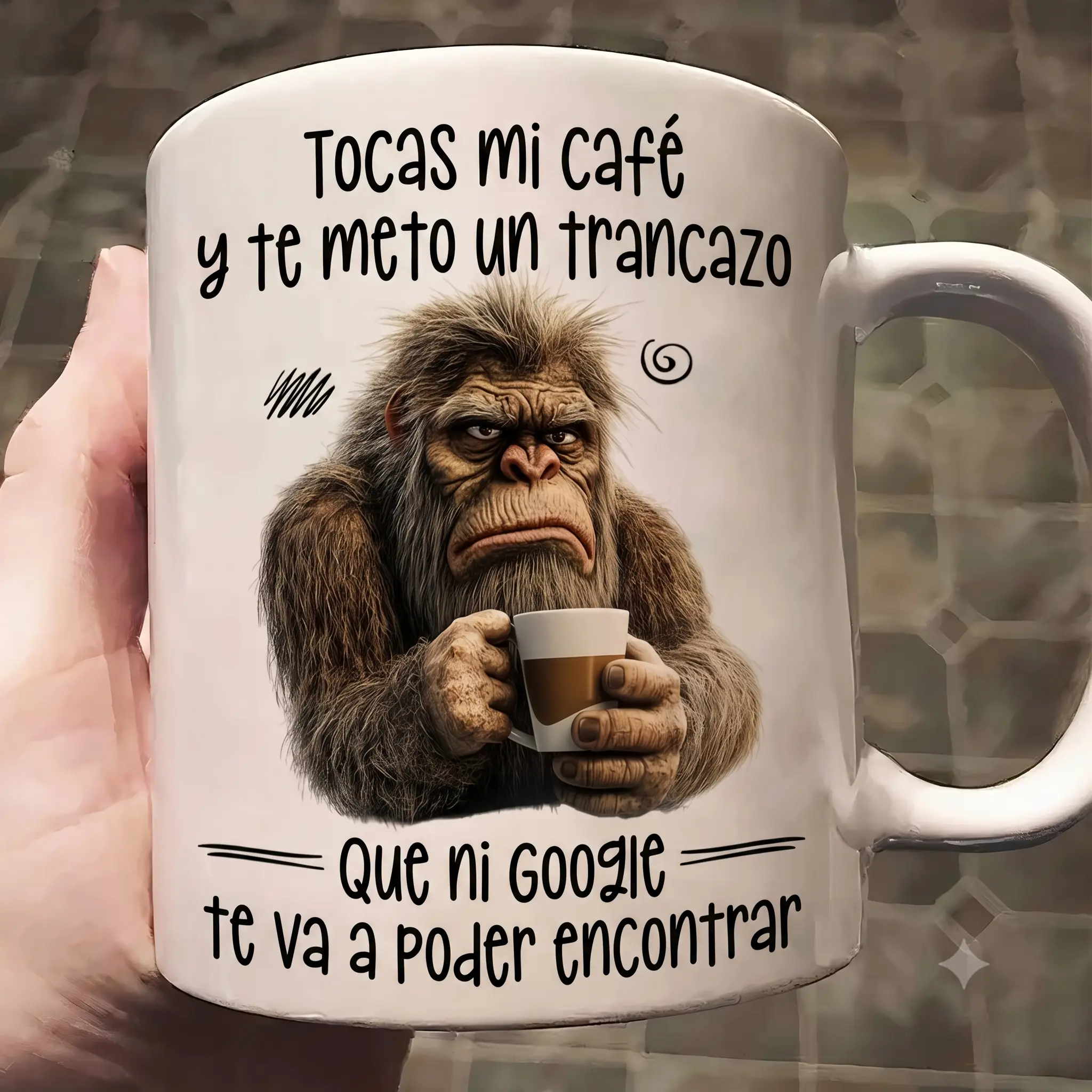Funny Spanish Coffee Mug - Tocas Mi Cafe Y Te Meto Un Trancazo Bigfoot Cup, Sarcastic Latino Office Humor Gift, Spanglish Mug for Men Women - 11oz White Ceramic-scs18244