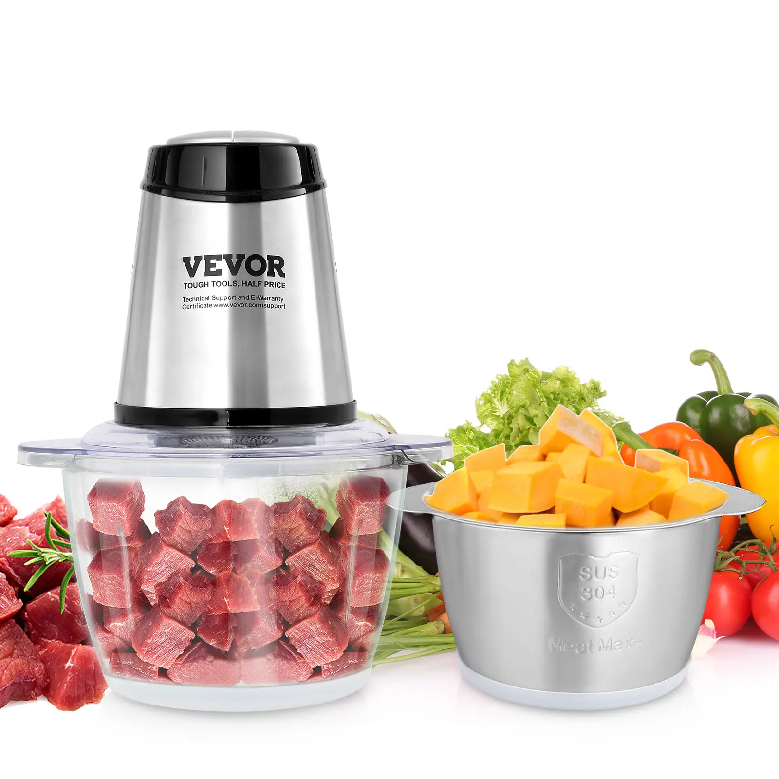 VEVOR Food Processor, Electric Meat Grinder with 4-Wing Stainless Steel Blades, 8 Cup+5 Cup Two Bowls, 400W Electric Food Chopper, 2 Speeds Food Grind
