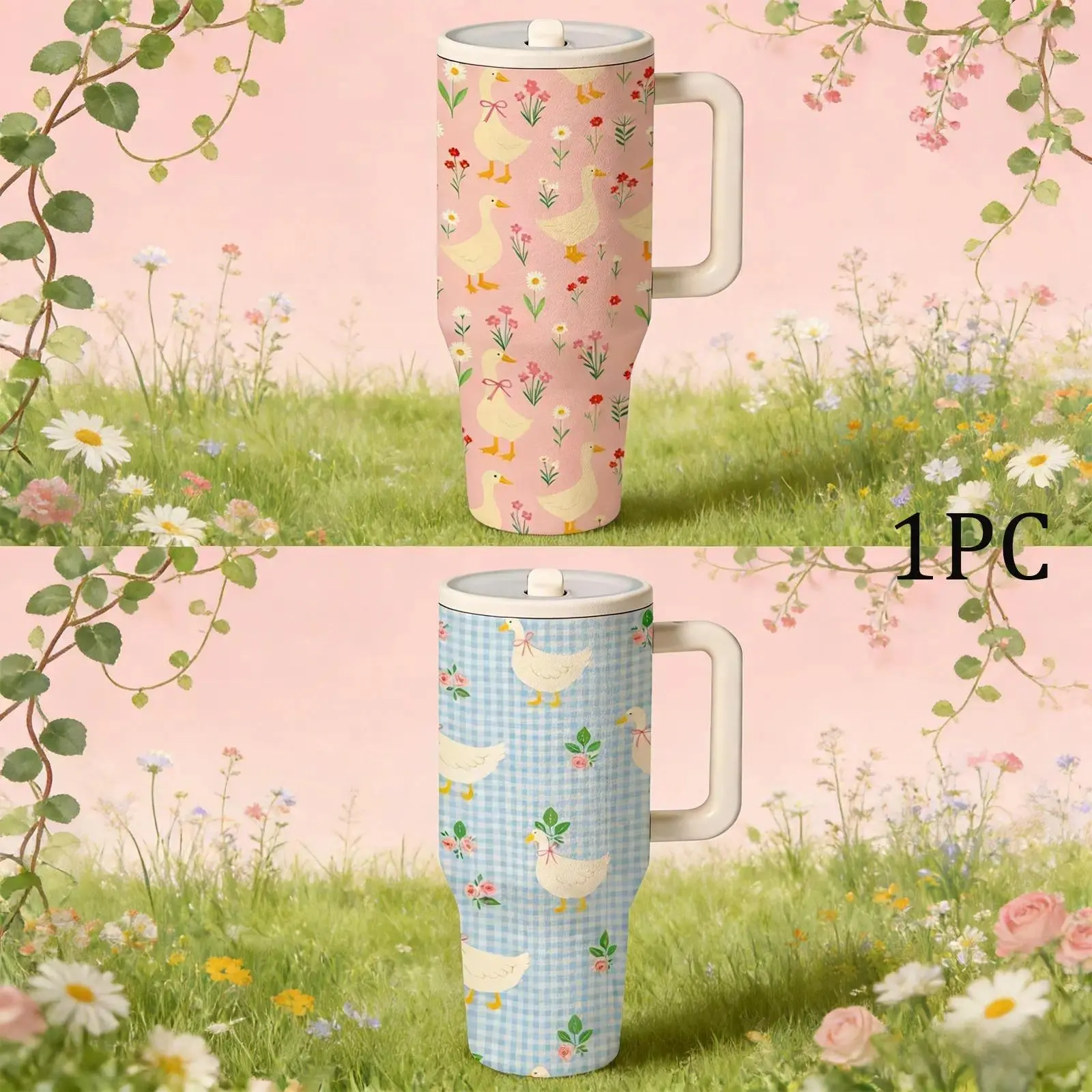 Women's 40oz Stainless Steel Insulated Vacuum Flask - Leak Proof Tumbler Travel Mug with Handle, Double-Wall 12H Hot/24H Cold Preservation, Floral Print, Car Use Kitchenware Gift