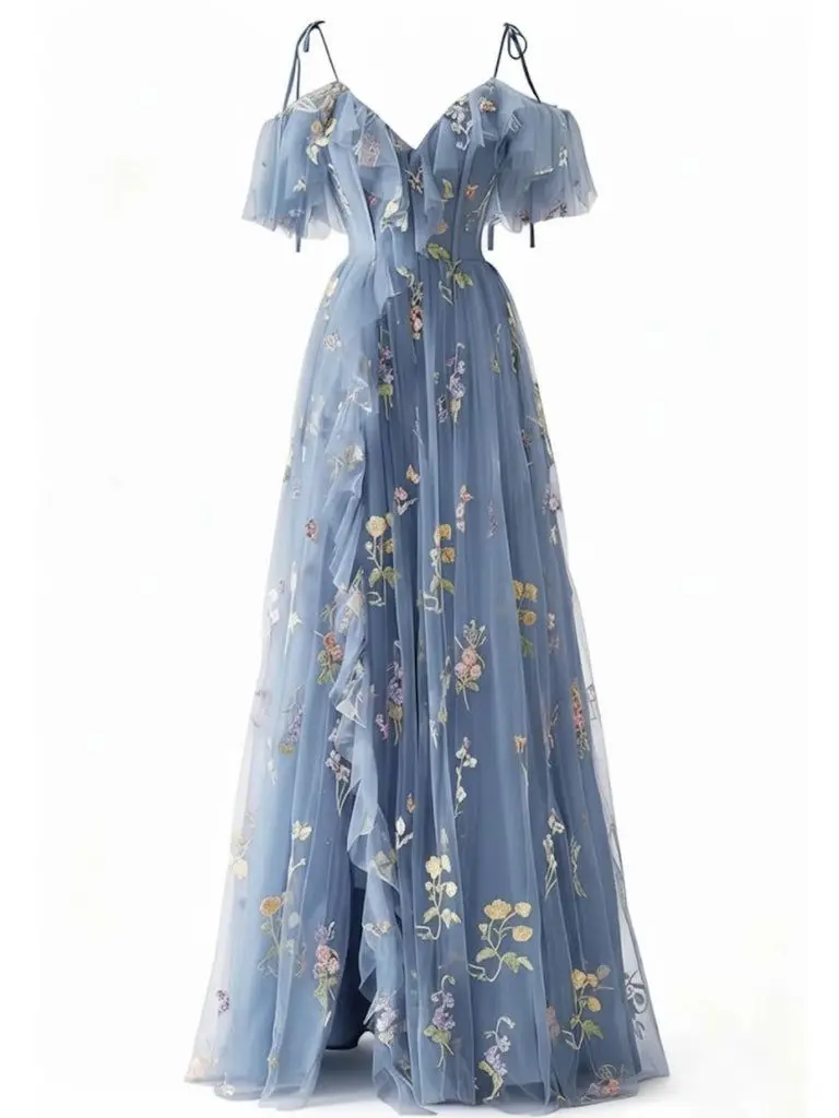 Blue 1970s Slip Floral Embroidered Mesh Slit Dress Homecoming Dress Party Prom Dress tiktokshopbacktoschool Wedding Guest Dress Fall Wedding Guest Outfit BackToSchool Sohochic Fall Dresses Fall outfits Fall fashion
