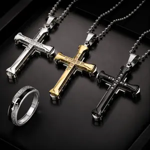 Men's 2-Piece Titanium Steel Cross Jewelry Set - Geometric Zirconia Pendant Necklace, Matching Ring, Durable, Anti-Allergy, Nickel-Free Classic Daily Accessory, Ideal Holiday Gift, Cross Necklace