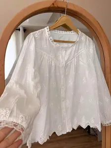 Women's Embroidered Lace Trim Long Sleeve Shirt, Embroidery, Casual Commuter Vacation Wear, Single Button Design, Versatile Fit, Blouse, Womenswear