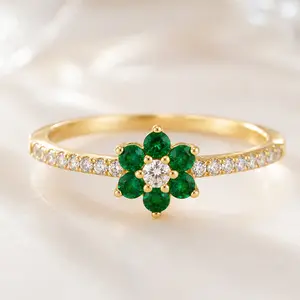 Elegant Flower Cluster Emerald Green&Light Blue Zircon Cube Ring - Women's Gold Diamond Fashion Jewelry, Copper Base