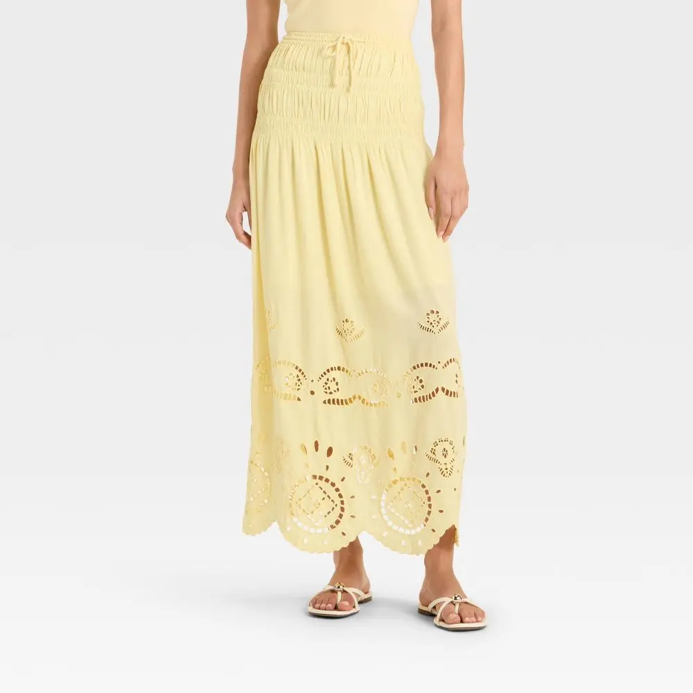Women's High-RIse Embroidered Eyelet Drop Waist A-Line Skirt - Future Collective