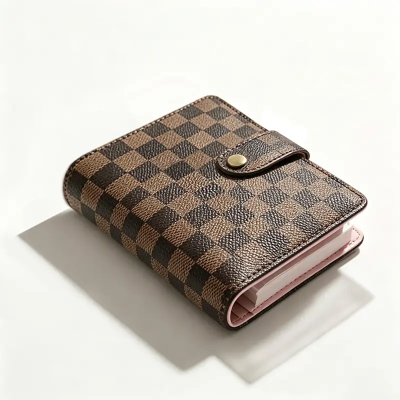 A7 Mini Checkered Leather Binder Wallet - Planner Accessories with 45 Lined Pages, 6 Zip Pockets, Loose Leaf Design, Budgeting & Organization for Student Daily Use