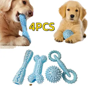 4PCS Dog Chew Toys for Small Puppies Teething Toys for Cleaning Teeth Food Dispensing Soft Durable Rubber Bone Funny Ball Interactive Donut Treat Dumbbell