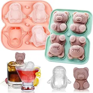 Ice Cube Tray 2 Pack, Penguin and Bear 3D Large Ice Cube Molds, Fun Shapes Ice Mold Gifts with Funnel-type Lid, Easy Release Flexible Silicone Freezer Tray for Drinks , Brandy, Iced Coffee, Reusable Ice Cubes