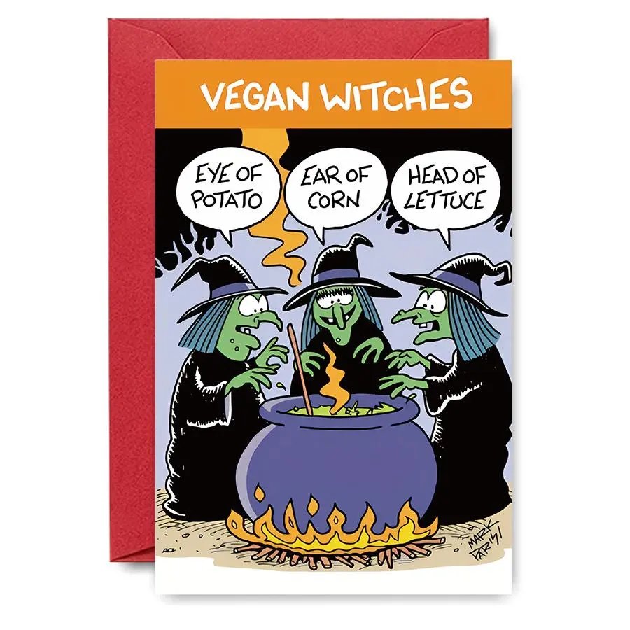 Vegan Witches Halloween Card, Cartoon Design Greeting Card with Envelope, Humorous Greeting Card for Friends, Halloween Gifts