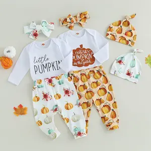 My First Halloween Baby Girl Outfit Letter Printed Patch Long Sleeve Romper Pumpkin Pants and Cute Bow Headband Hat 4Pcs Newborn Clothes