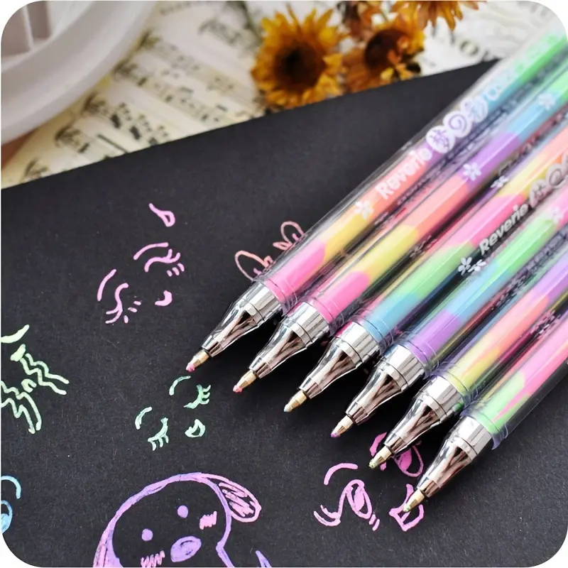 10pcs Rainbow Pen Ballpoint Pen 0.8mm Multicolor Ink Roller Pen Highlighter for Black Paper Drawing Painting School