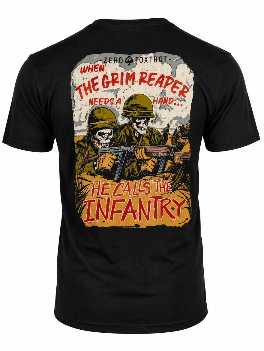Men's Short-Sleeve Grim Reaper Infantry Tactical T-Shirt - Casual Baggy Military Veteran Combat Top, Skull Soldier Graphic American Patriot Apparel Gift