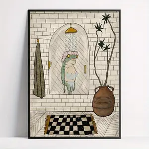 Charming Frog Bath Canvas Art Print - Unframed Retro Wall Decor for Living Room, Bedroom, and Home Office