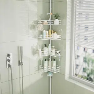 Corner Shower  Organizer - Shower Organizer Corner with Soap Holder,  Holder and 4 Hooks, Rustproof Bathroom Shelf Tension Pole  for 27.6 to 108.3 Inch - White