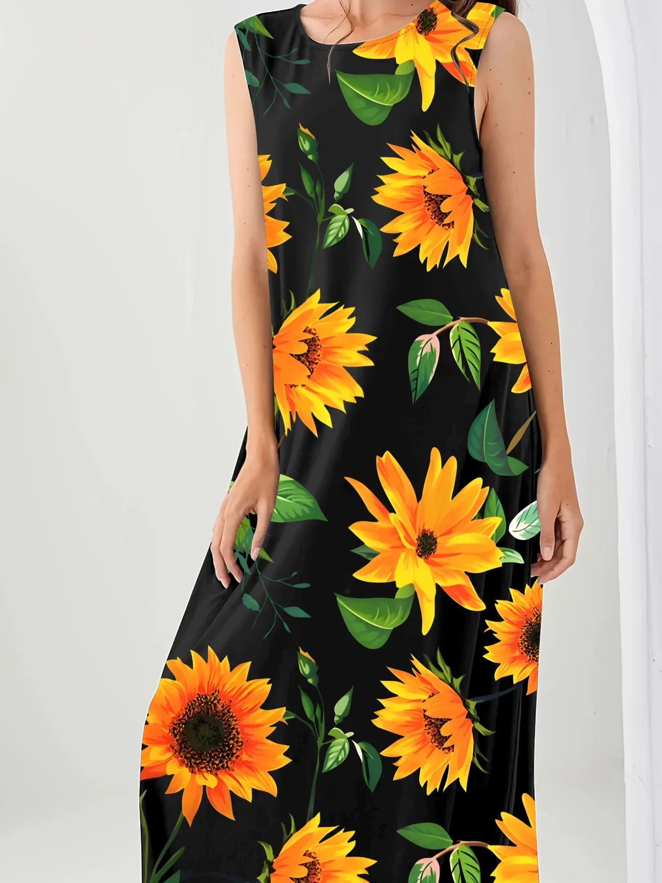 Women's Floral Boho Bohemian Sunflower Print Woven Sleeveless Dress, Casual Loose Fit Long Dress, Spring Summer Fall Fashion, Ladies Clothing for Vacation Shopping Daily Wear