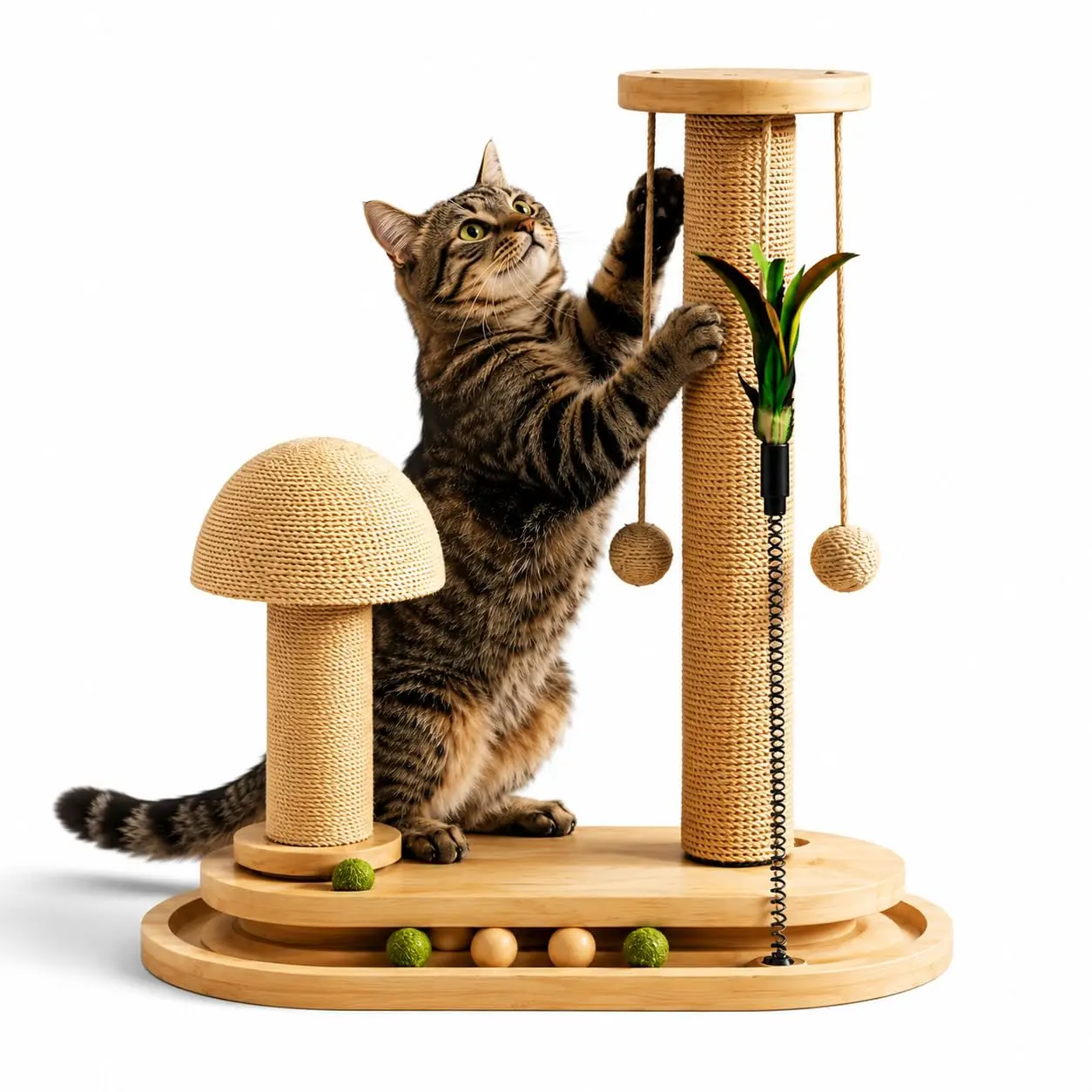 Mushroom-Shape Tall Double Cat Scratching Board, Chew-Resistant Pet Furniture Scratching Pad with Interactive Rolling Ball Track, Hanging Natural Sisal Sword, Entertainment & Play Stimulation, Easy-to-Assemble, Enhanced Stability for Indoor Felines