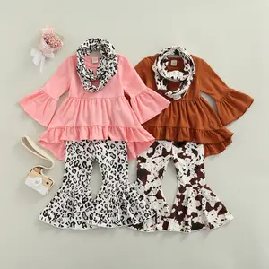 Kid Girl 3Piece Suit Long Ruffle Sleeve A-Lined Tops Wide-Leg Dye Printed Casual Trousers with Scarf