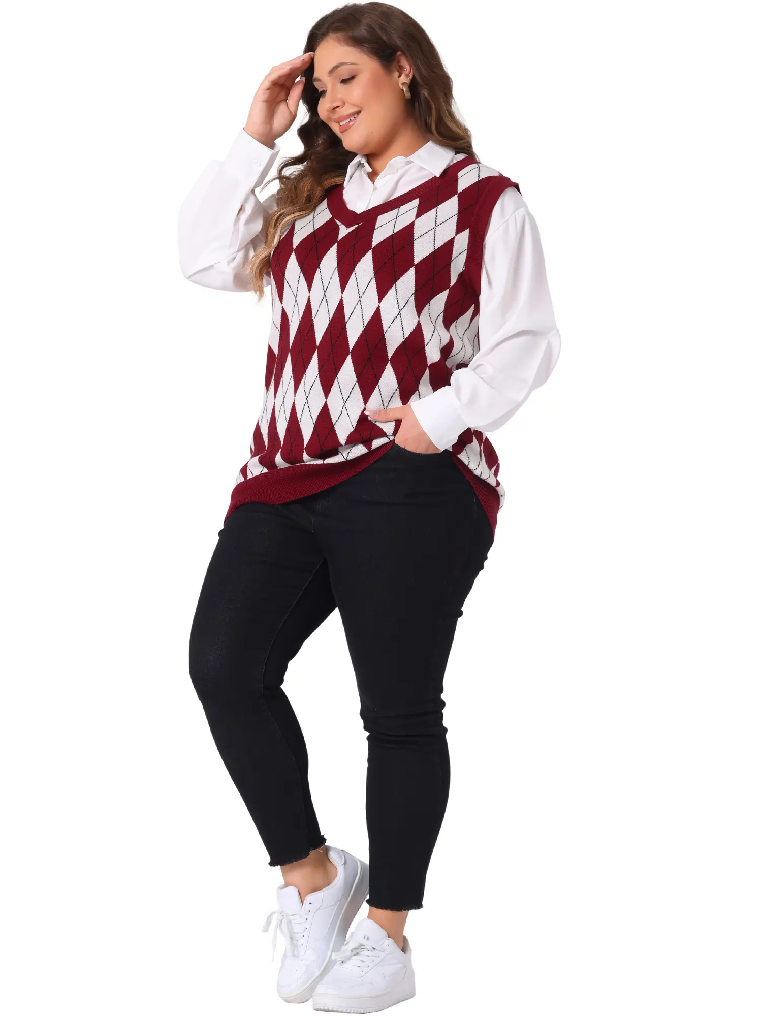 Agnes Orinda Plus Size Plaid Cable Knit Sleeveless Pullover Crop Top Sweater Vests