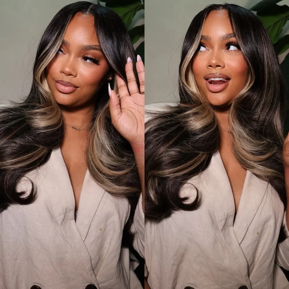 Bello9 13X6 body wave lace front wigs human hair 250% density balayage highlight lace front wigs HD lace 28inches 1B/27 ombre wig for woman