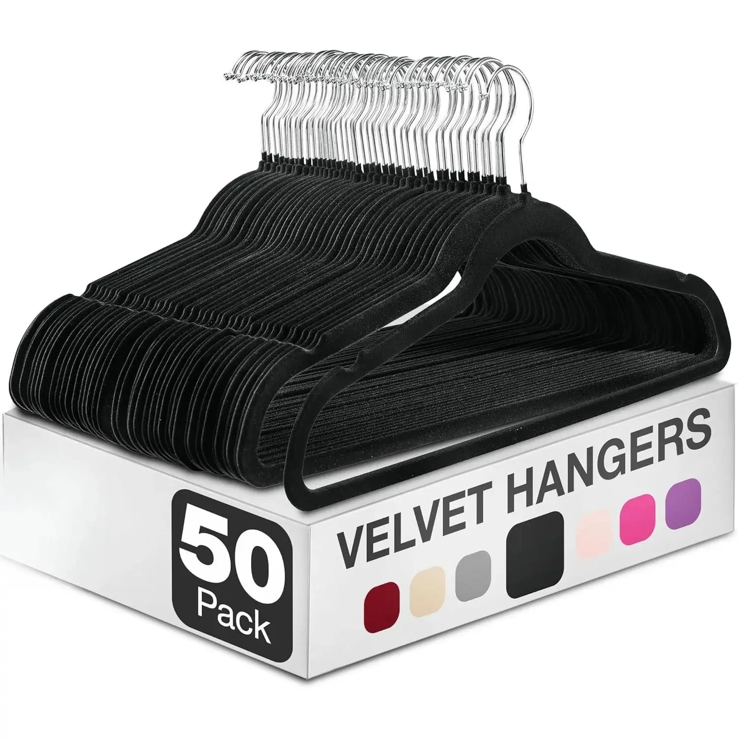 50-Pack Black Velvet Home Organizer Hangers - Non-Slip, 360-Degree Swivel Hook, 10 lbs Capacity for Coats, Pants, Dress Clothes, Strong Felt Design, 360-Degree Hangers & Pegs, Heavy Duty Hangers & Pegs