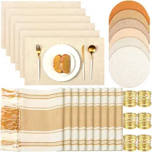 19 Pcs Placemat and Napkin Ring Set Woven Runner with Tassel 11.8 x 106.3'' Round and Rectangle Table Mat for Wedding Summer Fall Dining Decoration(Gold)