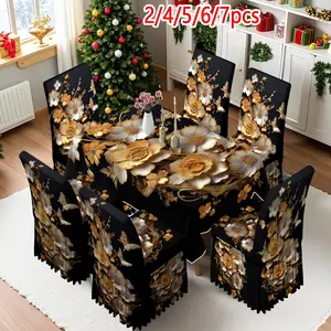 2/4/6/5/7 pieces of fashionable and high-end chair cover and tablecloth sets, thickened chair cover and tablecloth sets (1 tablecloth + 4 chair covers or 1 tablecloth + 6 chair covers), easy to care for, reusable, for home decoration