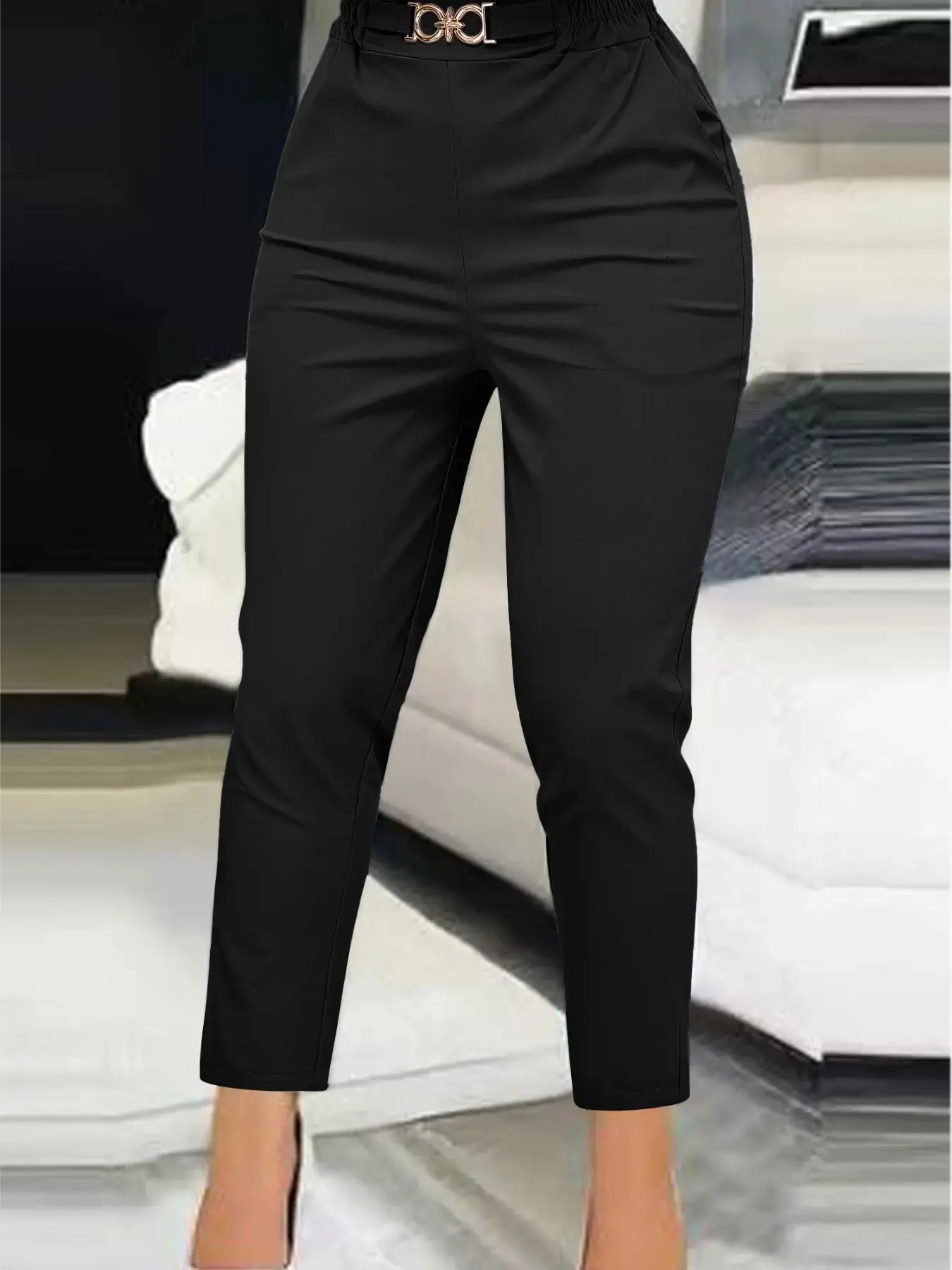 Fashion women's casual Fit High Waist elastic Solid trousers Pants