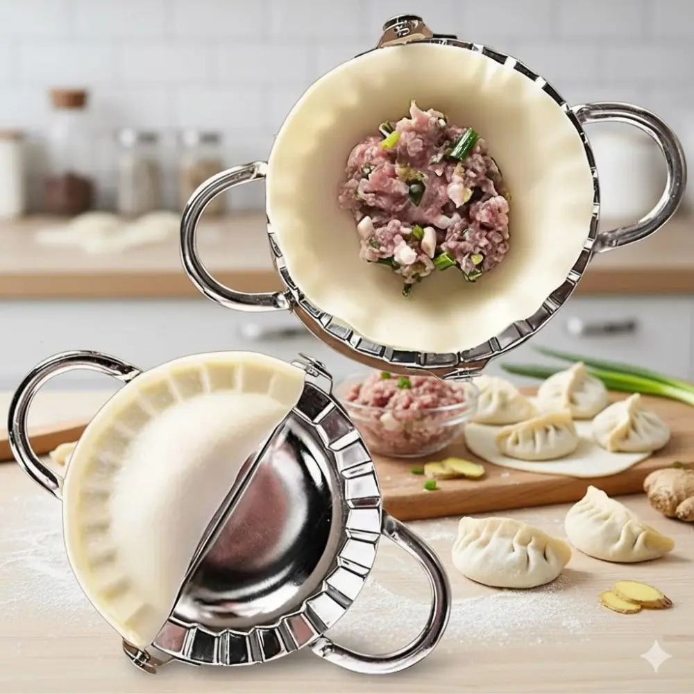 Stainless Steel Dumpling Maker Set with Press, Dough Cutter, Filling Spoon & Non-Stick Ring, Rust-Proof, Embossed Design for Quick Dumplings, Wontons, Ravioli, Anti-Slip Handle, Effortless Use, Multifunctional Kitchen Tool, Essential Tool, Meal Prep Molds