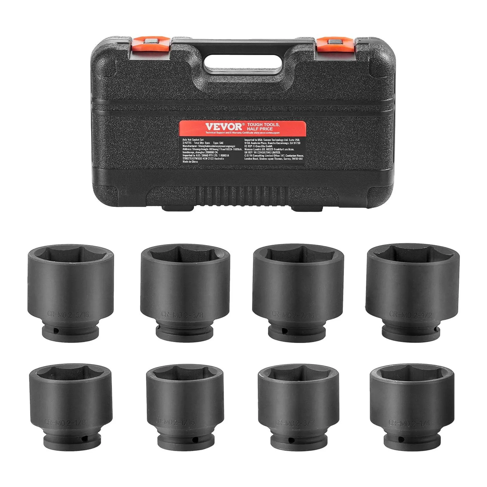 【toolupgrade】VEVOR 8Pcs - 3/4" Drive Impact Sockets Set, 6-Point SAE Socket Wrench Set, CR-MO Steel Heat Treated Corrosion Resist Large Spindle Nut Kit with Storage Case, for Auto Repair