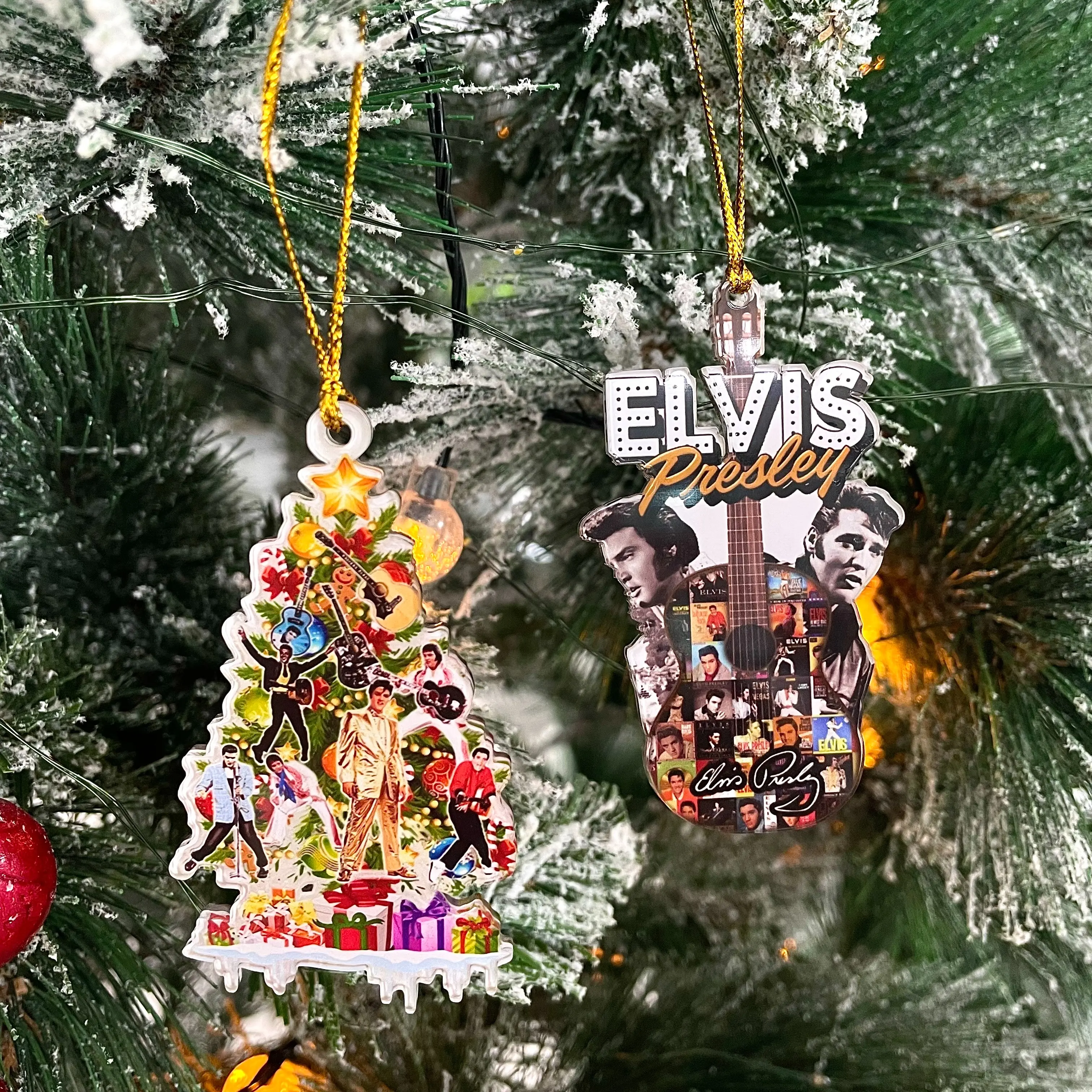 Elvis Presley Christmas Tree Acrylic Ornaments Double-Sided Decor Holiday Keepsakes Unique Gifts for Fans Vintage Glossy Transparent with Gold Ribbon