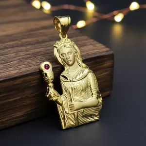 SANTA BARBARA 18K Solid Gold Plated Brass High-End Religious Charm Pendant Jewelry Unisex 60mm x 40mm Premium Quality