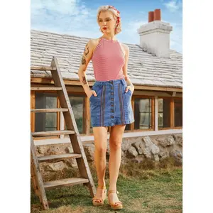 ModCloth A Spring Fling Button Down A-Line Jean Skirt with Pockets, Rainbow Embroidery (S-4X) Denim Mini