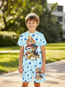 Boys' 3D Short Sleeve Set, Paw Patrol Christmas Cool Cartoon Print, Summer for Outdoor, Holiday Gift, Birthday Present, Clothing