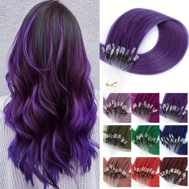 50pcs 30g Micro Loop Hair Extensions - Natural Straight Human Hair, No Glue Needed & Easy Clip-In, Vibrant Red/Pink/Green/Blue/Purple/Gray Colors for Women’s Daily Style & Festive Events, Hair Styling Accessories, Easyclip Loops
