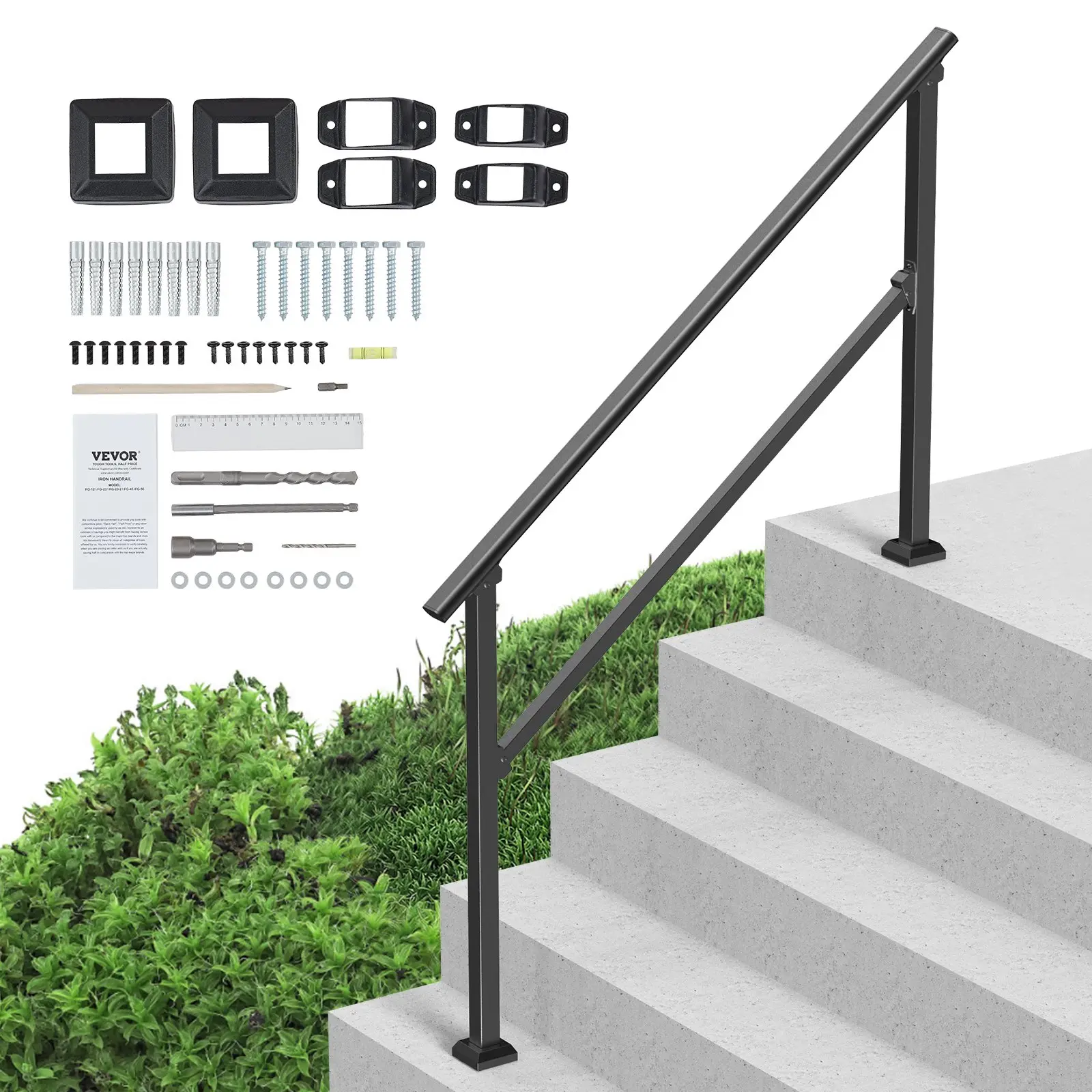 【DealsForYouDays】VEVOR Carbon Steel Outdoor Stair Handrail, 4-5 Step Black Square Tube with 14.7 lbs Easy Installation Kit, Max 30in Ht, 220 lbs High Load Capacity for Seniors Safe, 54.3x3.3x36.2 in, Adjustable Angles, Concrete Fit for Porch & Deck
