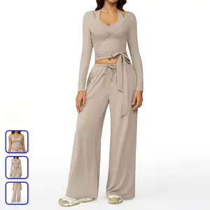 Sports Set  Flare Waist Lounge Set  Leggings casual versatile high waist Breathable two-piece matching gym FallWorkout Set i am gia track set aist Lounge Set Women's Long Sleeve Crop Top Leggings casual versatile high waist