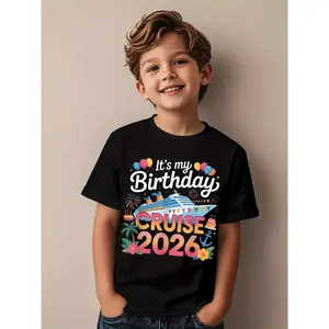 Boys' 2026 Birthday Cruise T-Shirt - Cruise Ship & Balloon Design with "It'S My Birthday" Text, Breathable Fabric, Regular Fit Round Neck Casual Streetwear Tee for