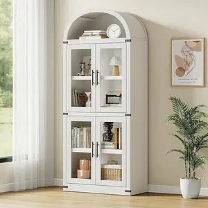Arched Bookshelf with Doors ，Wooden Display Cabinet Rounded Bookcases for Living Room, Kitchen, Office (White)