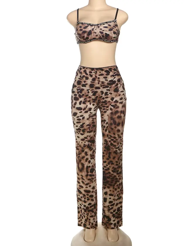 Women's 2-Piece Leopard Print Edge Trim Bralette & High-Waisted Trousers/Leggings Set, Spandex-Polyester Fabric Womenswear Suit