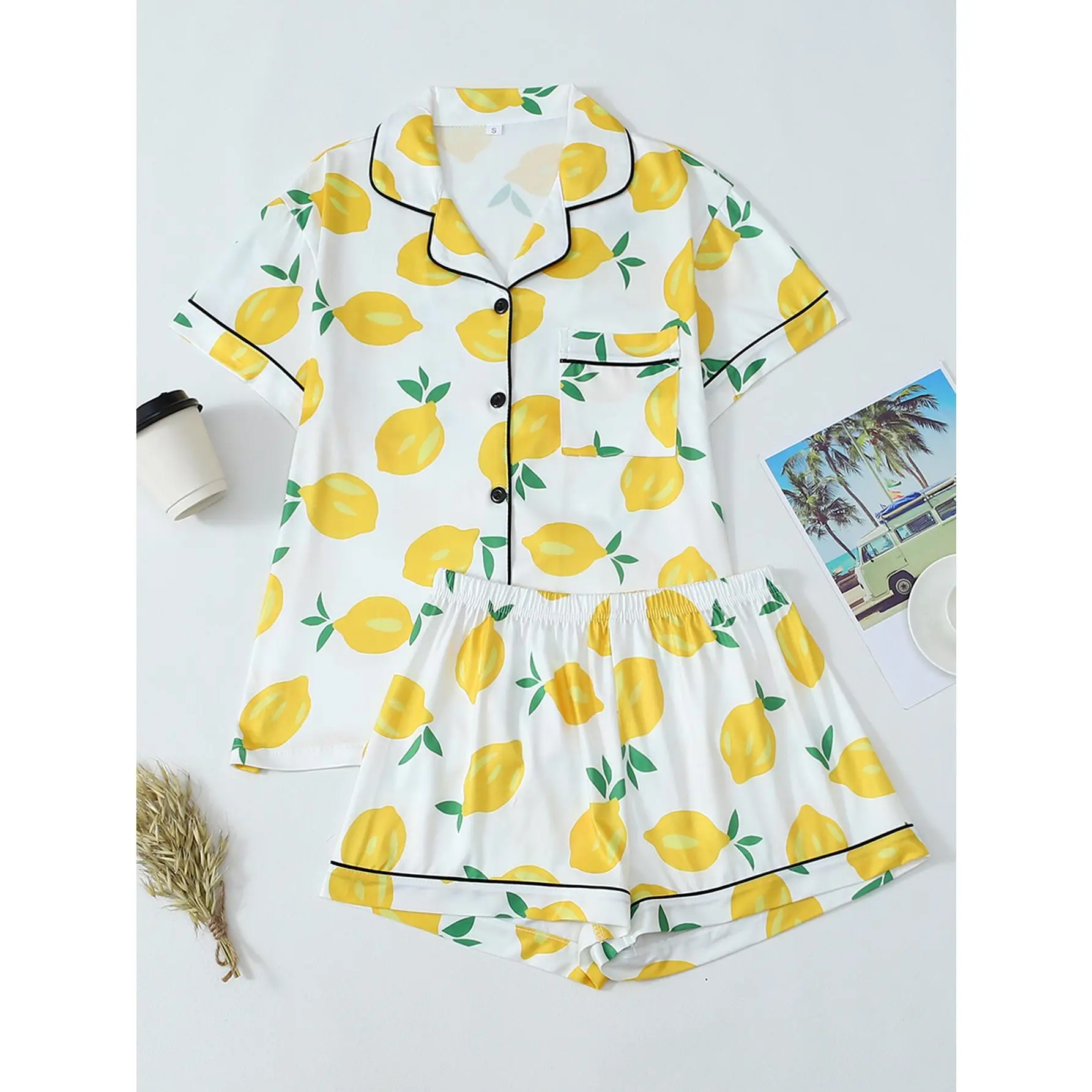 Fresh Lemon All Over Print Women's Pajamas Set, Short Sleeve + Shorts, Black Piped Lapel Cardigan, Button Closure with Pocket, Smooth Satin Fabric, Skin-Friendly Breathable, Loose Casual Loungewear 2 Piece Set