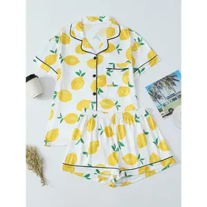 Fresh Lemon All Over Print Women's Pajamas Set, Short Sleeve + Shorts, Black Piped Lapel Cardigan, Button Closure with Pocket, Smooth Satin Fabric, Skin-Friendly Breathable, Loose Casual Loungewear 2 Piece Set