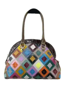 Genuine Leather Quilted Patchwork Bag - Large Women's Handbag with Colorful Diamond Design, Shoulder & Crossbody Options