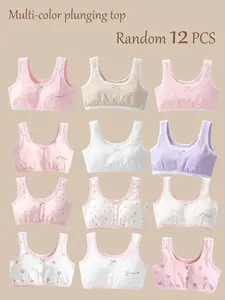 Girls 12 Pack Soft Cotton Training Bras, Random Print Lace Trim Tag Free Kids First Bras
